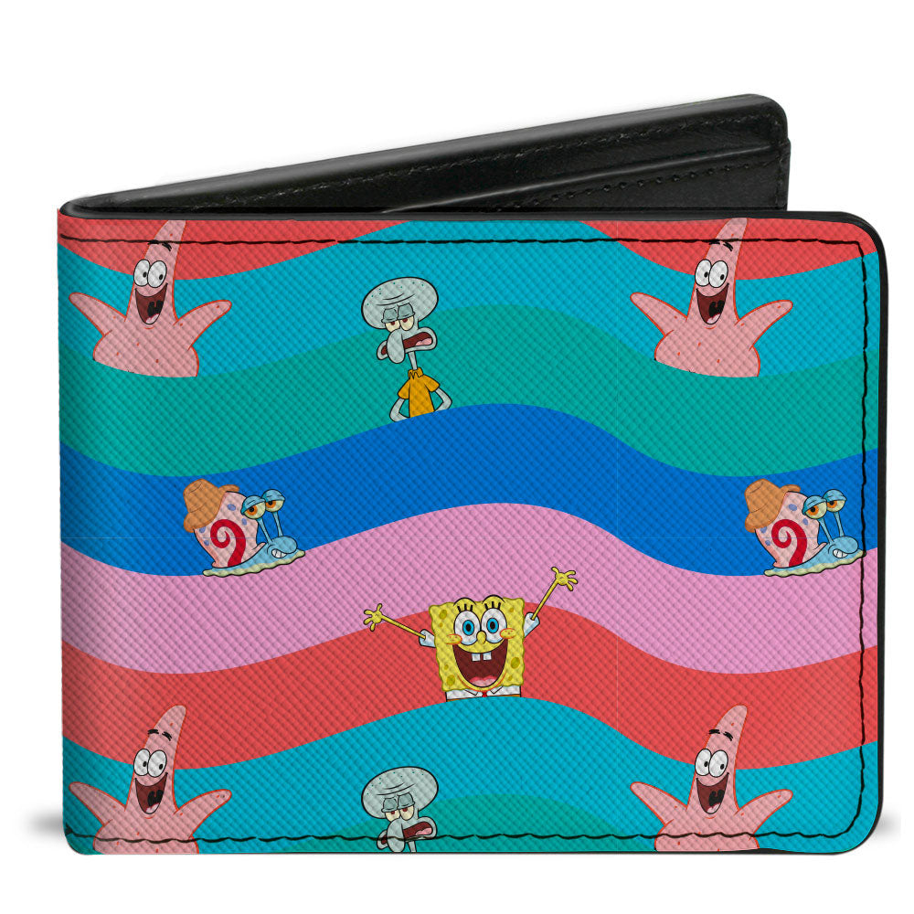 Bi-Fold Wallet - SpongeBob SquarePants and Friends Poses Wavy Stripe Blues Reds