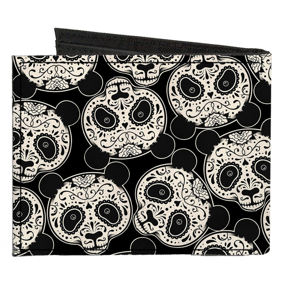 Canvas Bi-Fold Wallet - Panda Bear Sugar Skull Scattered Black White