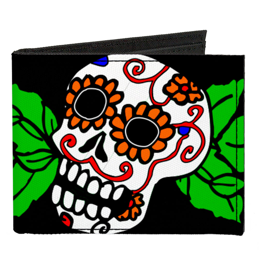 Canvas Bi-Fold Wallet - Sugar Skull w Roses & Heart