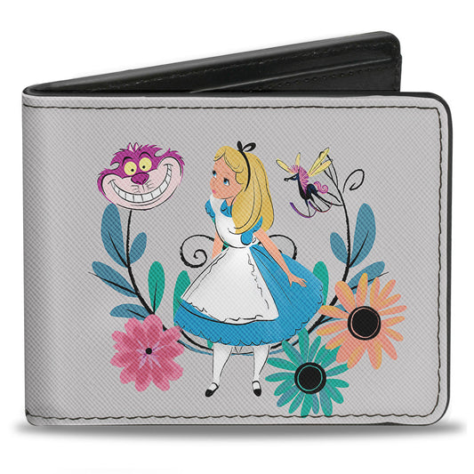 Bi-Fold Wallet - Alice Pose Cheshire Cat Face Flowers of Wonderland2 + Flower Trio Gray Multi Color