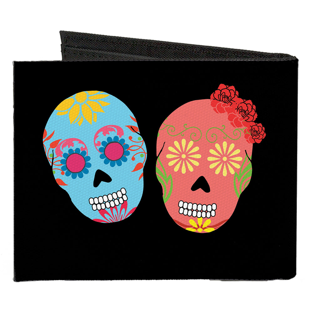 Canvas Bi-Fold Wallet - Painted Sugar Skulls Black Multi Color