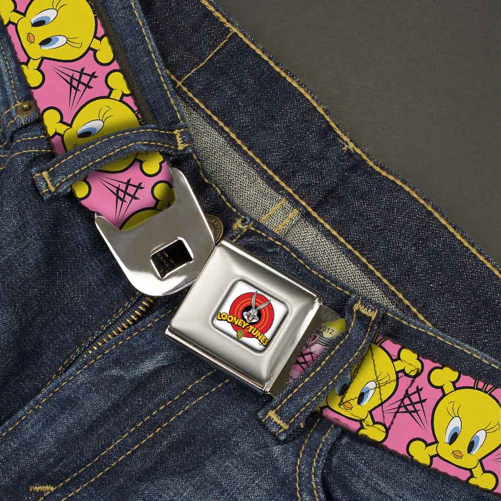 Looney Tunes Logo Full Color White Seatbelt Belt - Tweety Bird & Crossbones Pink/Black/Yellow Webbing