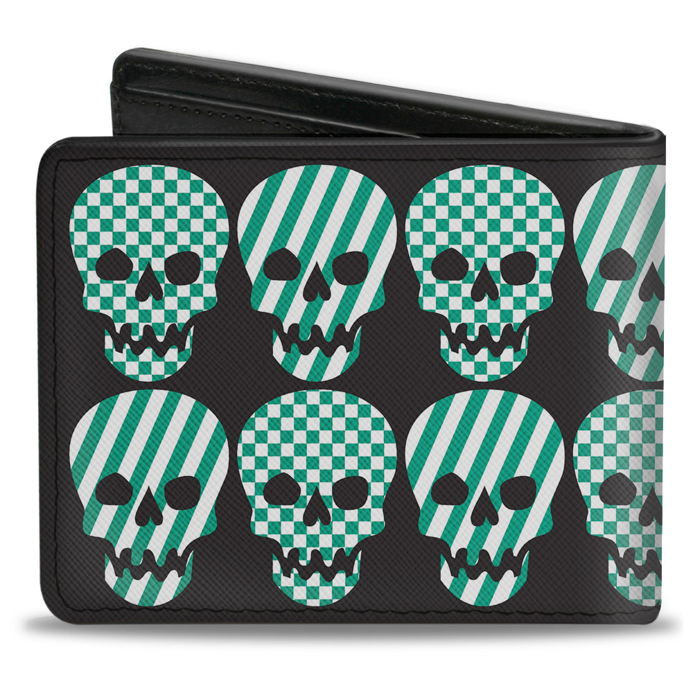 Bi-Fold Wallet - Checker & Stripe Skulls Black White Green