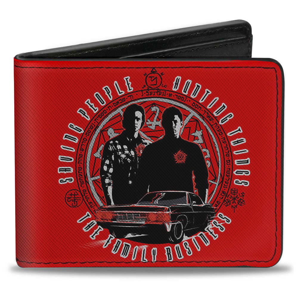 Bi-Fold Wallet - Supernatural Sam & Dean Pose Impala Symbols SAVING PEOPLE-HUNTING THINGS-THE FAMILY BUSINESS Red Grays Black