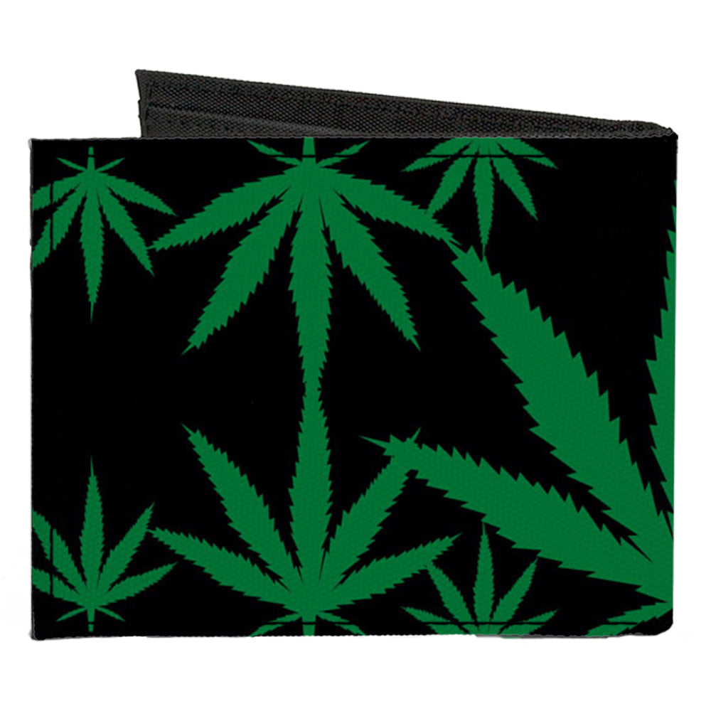 Canvas Bi-Fold Wallet - Marijuana Leaves Scattered Black Green