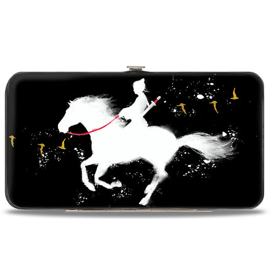 Hinged Wallet - Mulan Riding Horse Pose Birds Silhouette Black White Red Gold