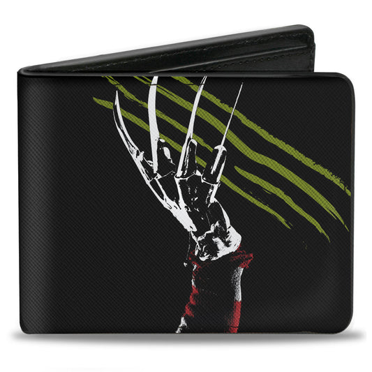 Bi-Fold Wallet - A Nightmare on Elm Street Freddy's Hand Scratching + Logo Black White Green Reds