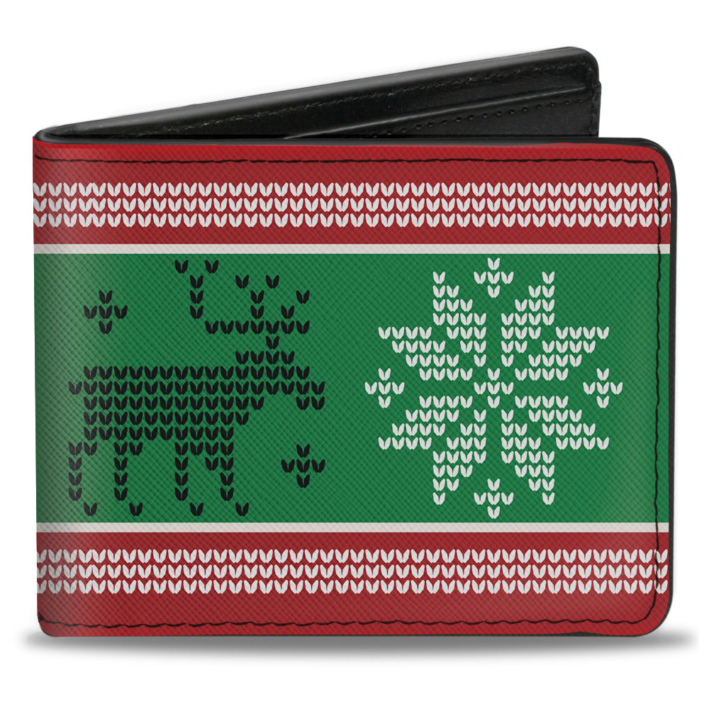 Bi-Fold Wallet - Christmas Stitch Moose Snowflakes Red Green