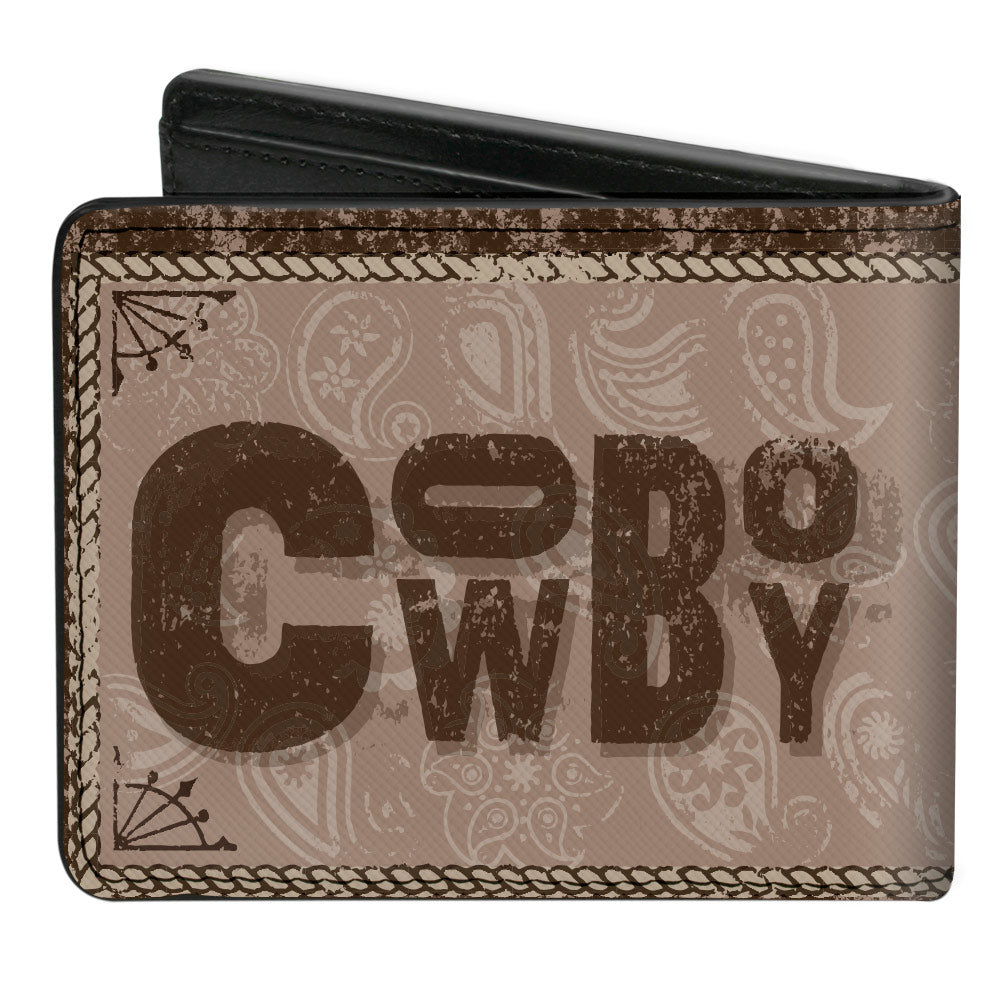 Bi-Fold Wallet - Western COWBOY Icons Collage Tan Browns