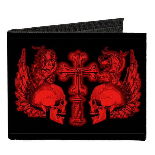 Canvas Bi-Fold Wallet - BD Skulls w Wings Black Red