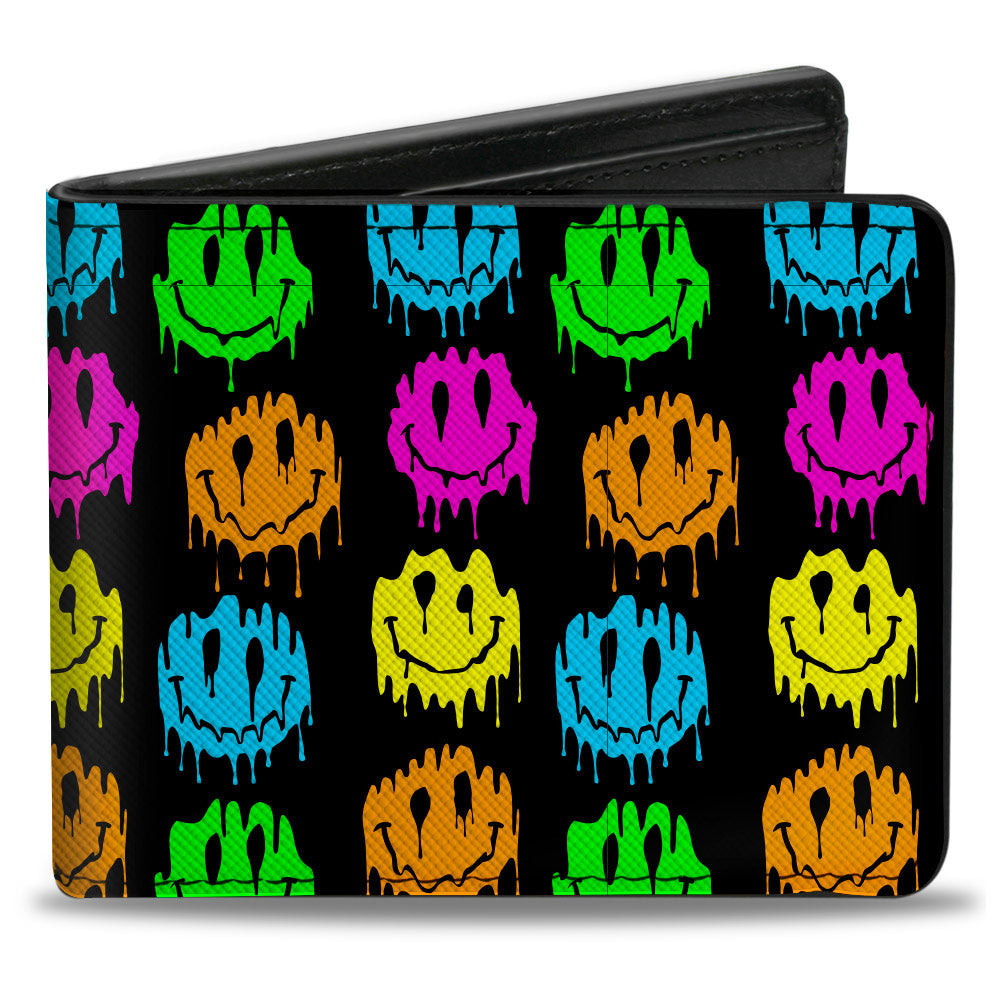 Bi-Fold Wallet - Smiley Faces Melted Mini Repeat Black Multi Neon