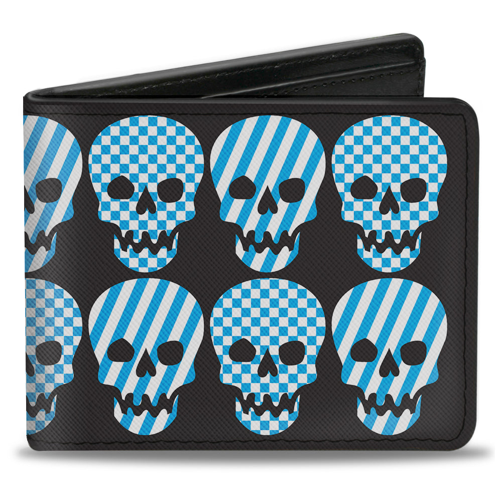 Bi-Fold Wallet - Checker & Stripe Skulls Black White Baby Blue