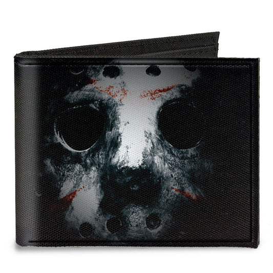 Canvas Bi-Fold Wallet - Jason Mask3 CLOSE-UP + FRIDAY THE 13th Black Grays Red