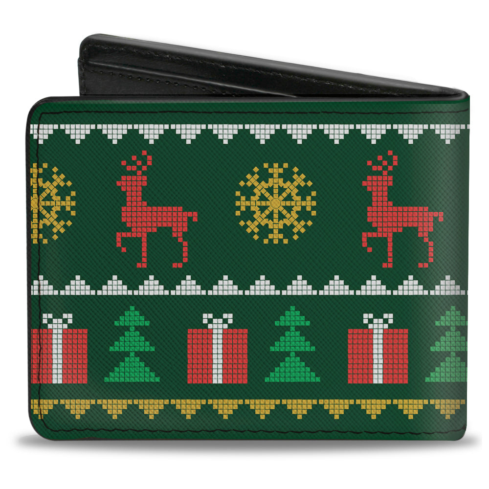 Bi-Fold Wallet - Christmas Sweater Stitch Green White Gold Red