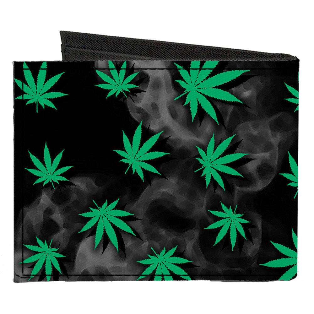 Canvas Bi-Fold Wallet - Pot Leaves Black Smoke Green