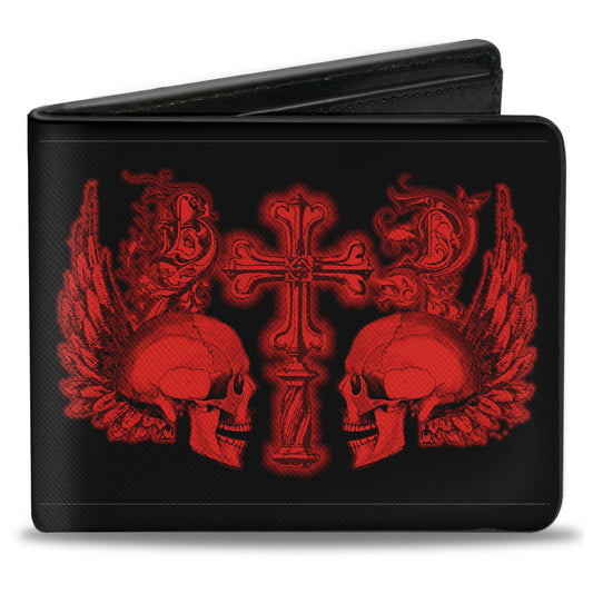 Bi-Fold Wallet - BD Skulls w Wings Black Red