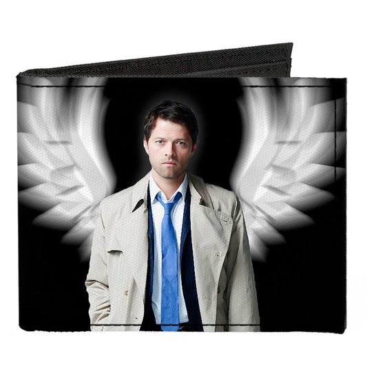 Canvas Bi-Fold Wallet - SUPERNATURAL Castiel Angel Wings Pose + Logo Black White