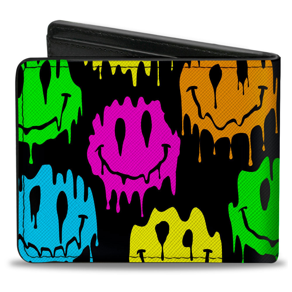 Bi-Fold Wallet - Smiley Face Melted Repeat Black Multi Neon