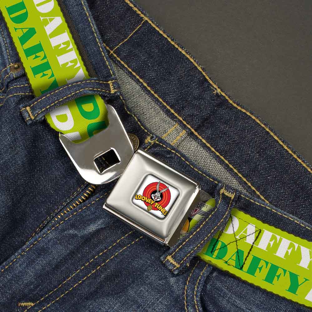 Looney Tunes Logo Full Color White Seatbelt Belt - DAFFY DUCK w/Face CLOSE-UP Greens Webbing