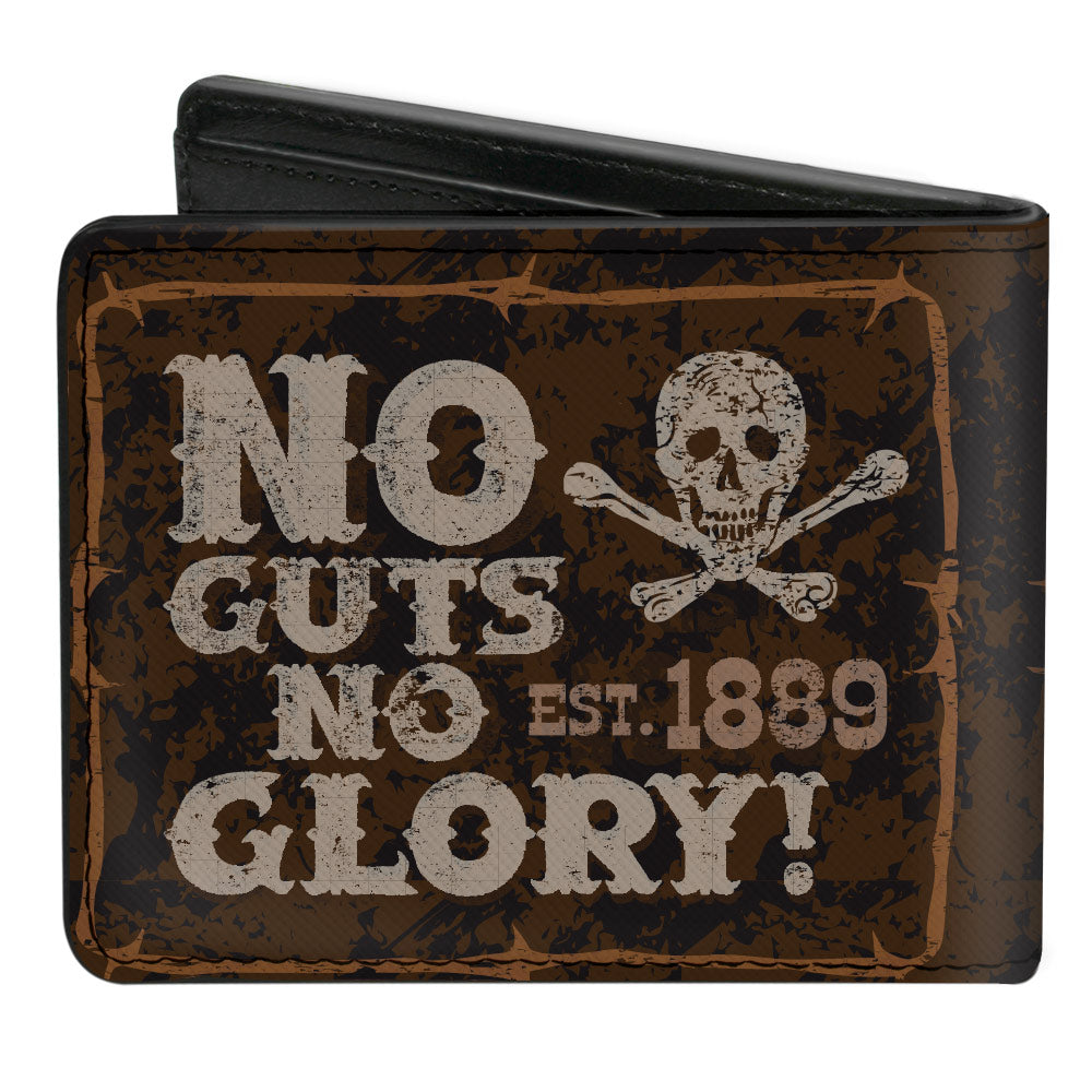 Bi-Fold Wallet - Western NO GUTS NO GLORY Skull and Crossbones Browns Gray