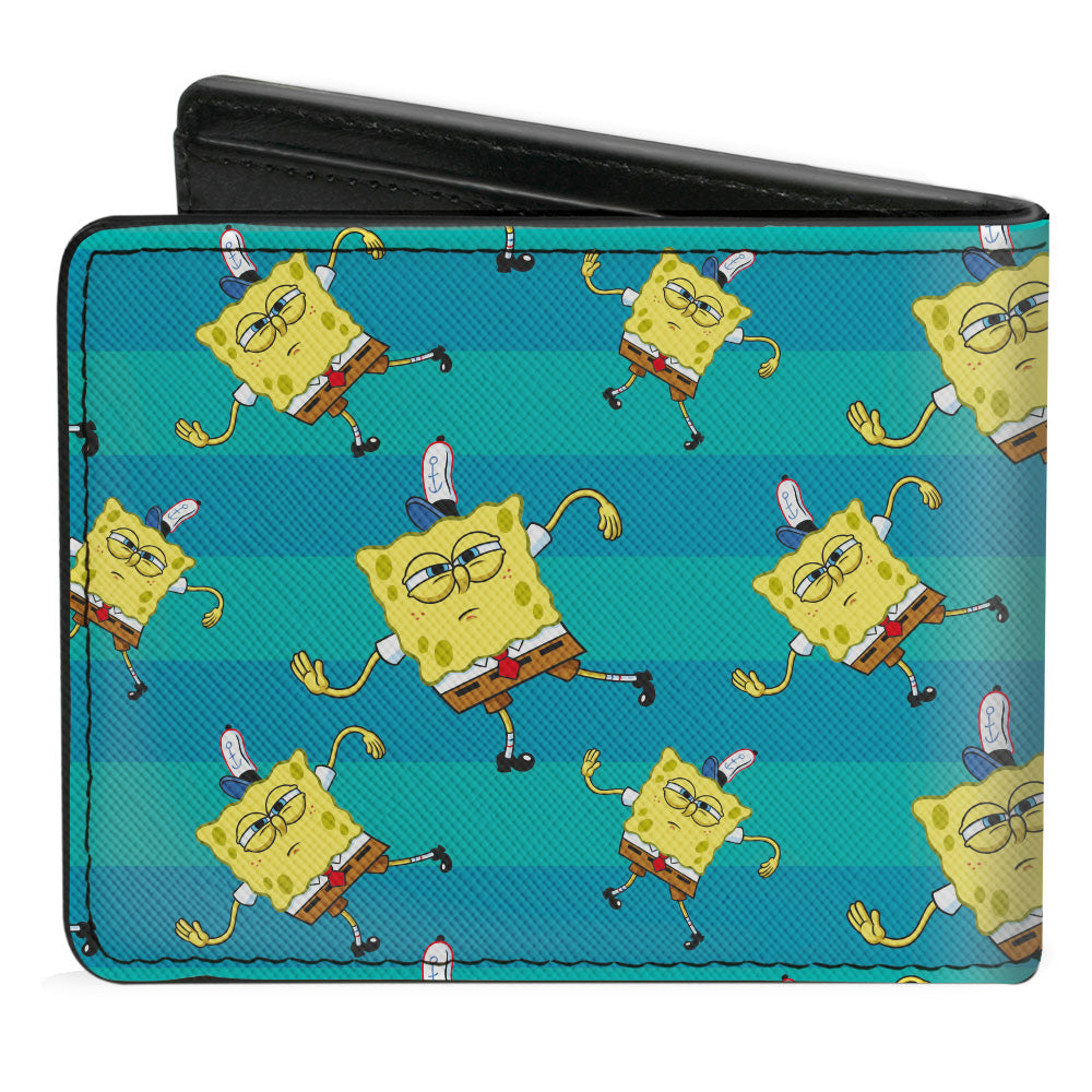 Bi-Fold Wallet - SpongeBob Dancing Pose Scattered Stripe Teal Blues