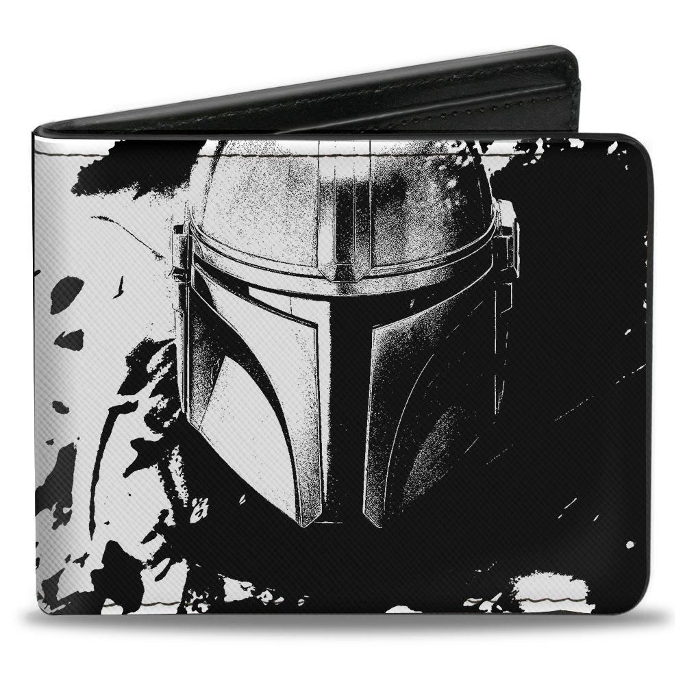 Bi-Fold Wallet - Star Wars The Mandalorian Helmet + MANDALORIAN BOUNTY HUNTER Logo Weathered Black White