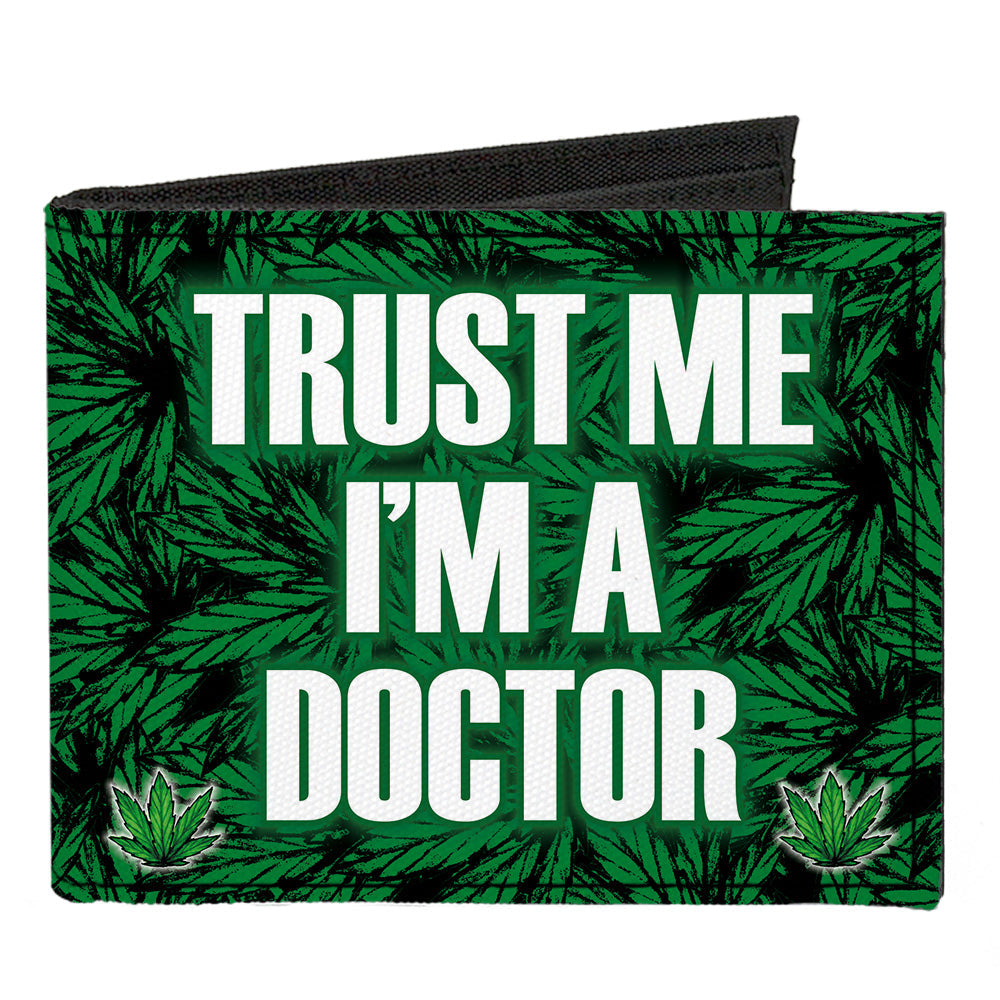 Canvas Bi-Fold Wallet - Marijauna Leaves Stacked TRUST ME I'M A DOCTOR Black Green White