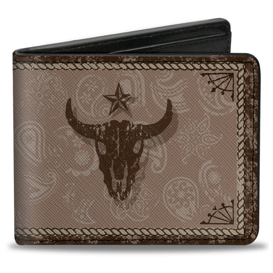 Bi-Fold Wallet - Western COWBOY Icons Collage Tan Browns