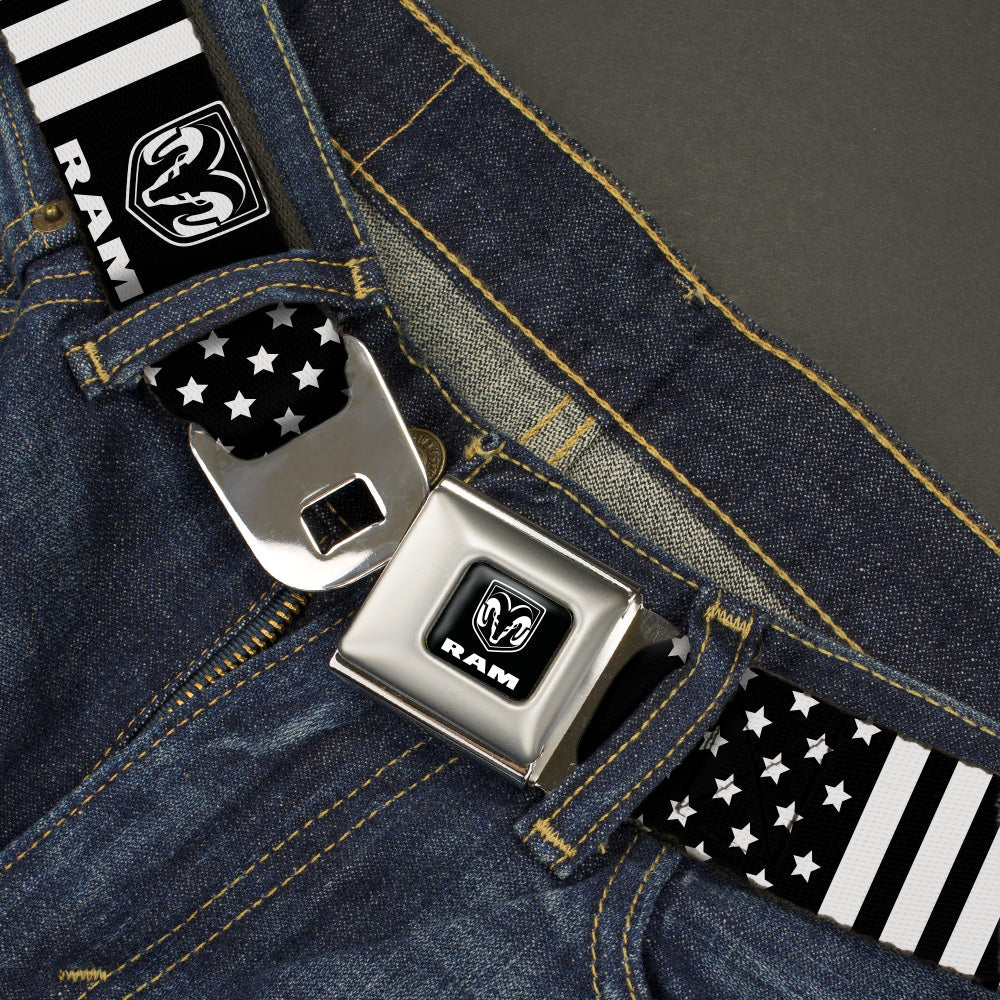 RAM Logo Full Color Black/White Seatbelt Belt - RAM Logo Americana Stars and Stripes Black/White Webbing