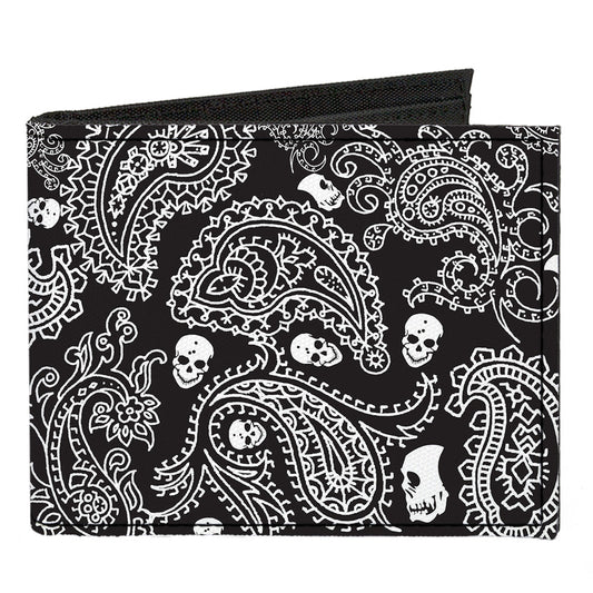 Canvas Bi-Fold Wallet - Bandana Skulls Black White