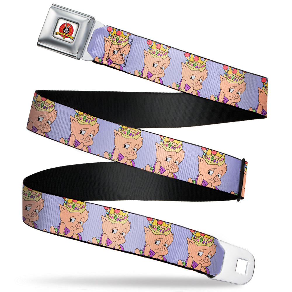 Looney Tunes Logo Full Color White Seatbelt Belt - Porky Pig Hip Hop Expression Lavender Webbing