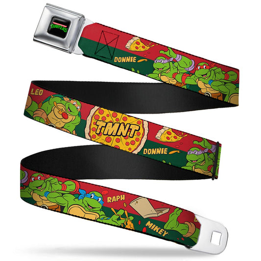 Classic TMNT Logo Full Color Seatbelt Belt - Classic TMNT 4-Turtles Pizza Party Stripe Red/Green Webbing