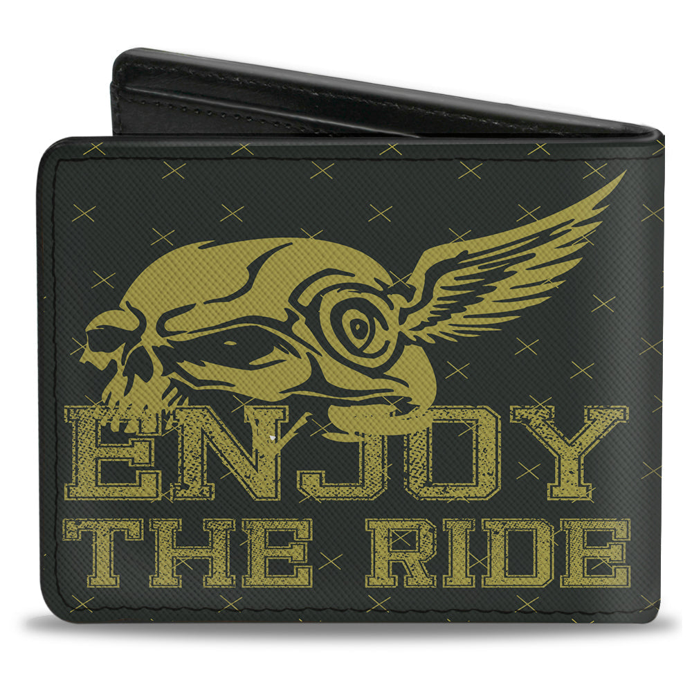 Bi-Fold Wallet - Buckle-Down Winged Skull ENJOY THE RIDE Olive Lime Green