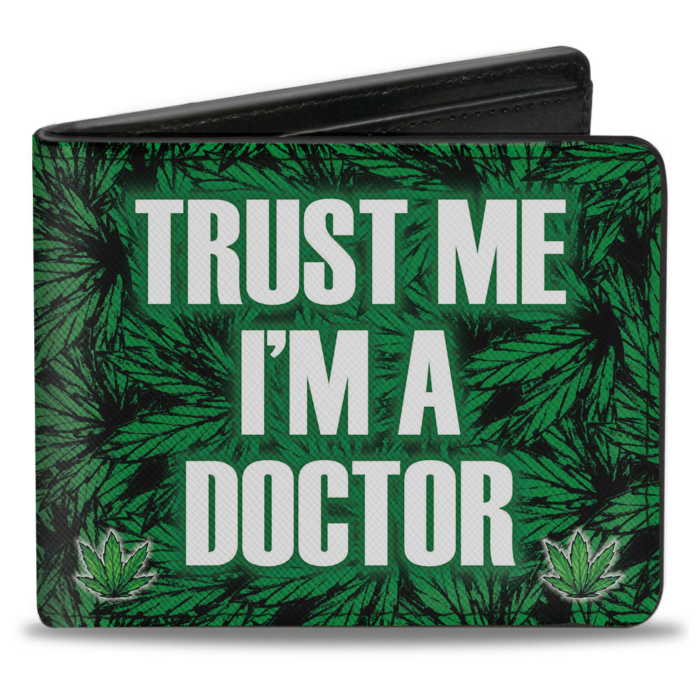 Bi-Fold Wallet - Marijauna Leaves Stacked TRUST ME I'M A DOCTOR Black Green White