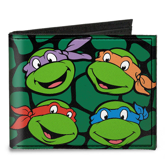 Canvas Bi-Fold Wallet - Classic TMNT Turtle Faces Black Green Turtle Shell