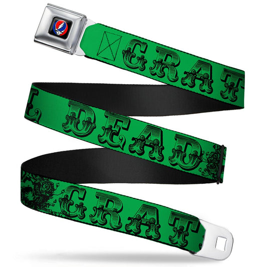 Steal Your Face Seatbelt Belt - Grateful Dead Text w/Skull & Roses Green Webbing