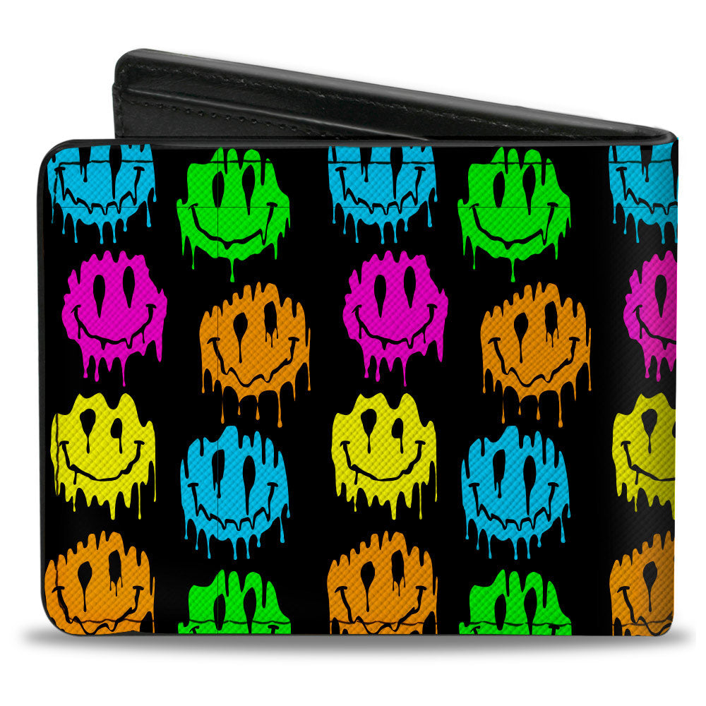 Bi-Fold Wallet - Smiley Faces Melted Mini Repeat Black Multi Neon