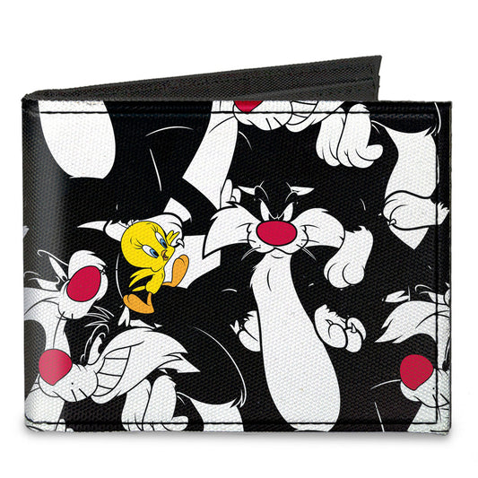 Canvas Bi-Fold Wallet - Sylvester and Tweety Poses Scattered Black