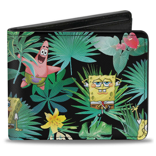 Bi-Fold Wallet - SpongeBob Squarepants and Patrick Starfish Tropical Fauna Collage Black