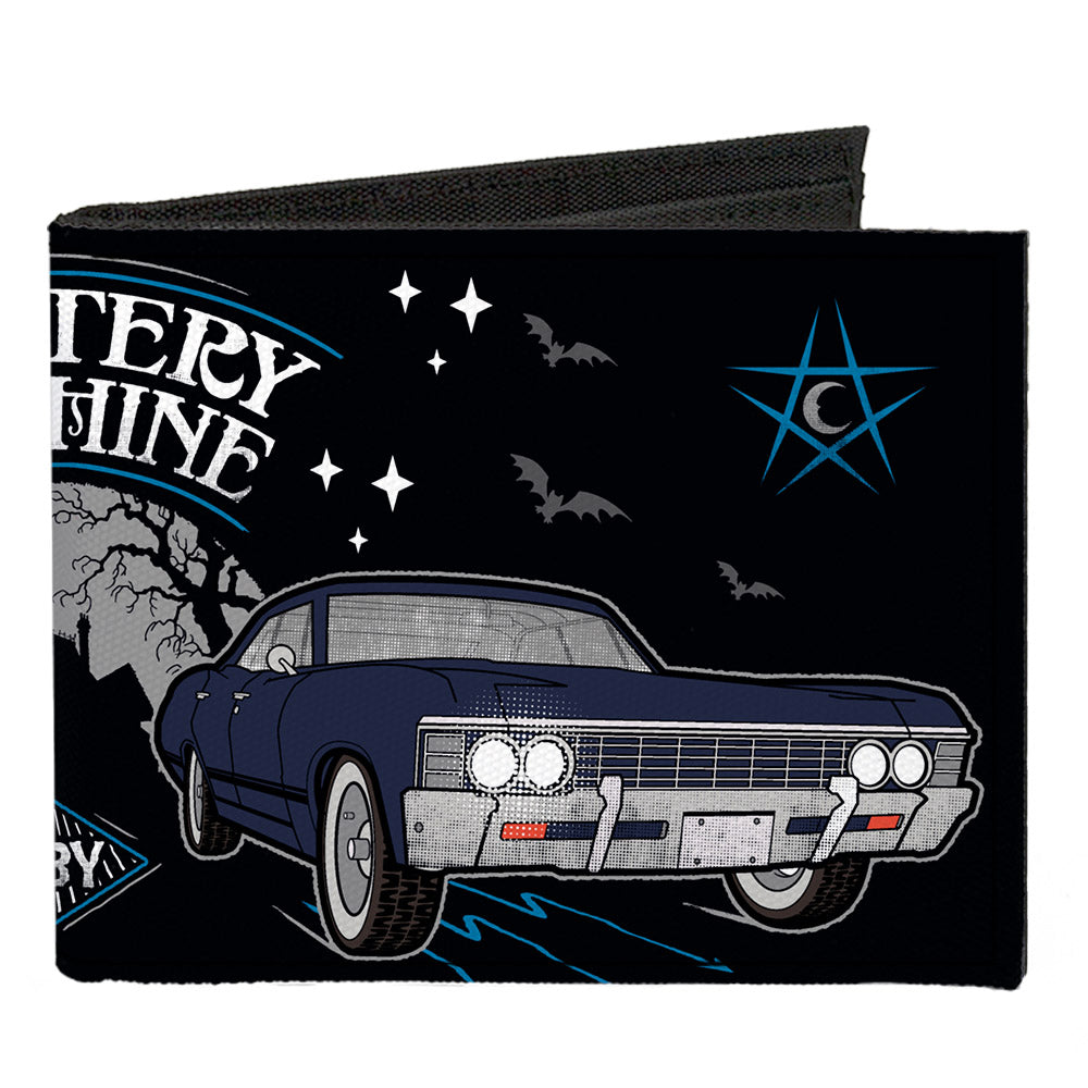 Canvas Bi-Fold Wallet - SCOOBYNATURAL MYSTERY MACHINE Van & BABY Impala Scene Black White Grays Blues