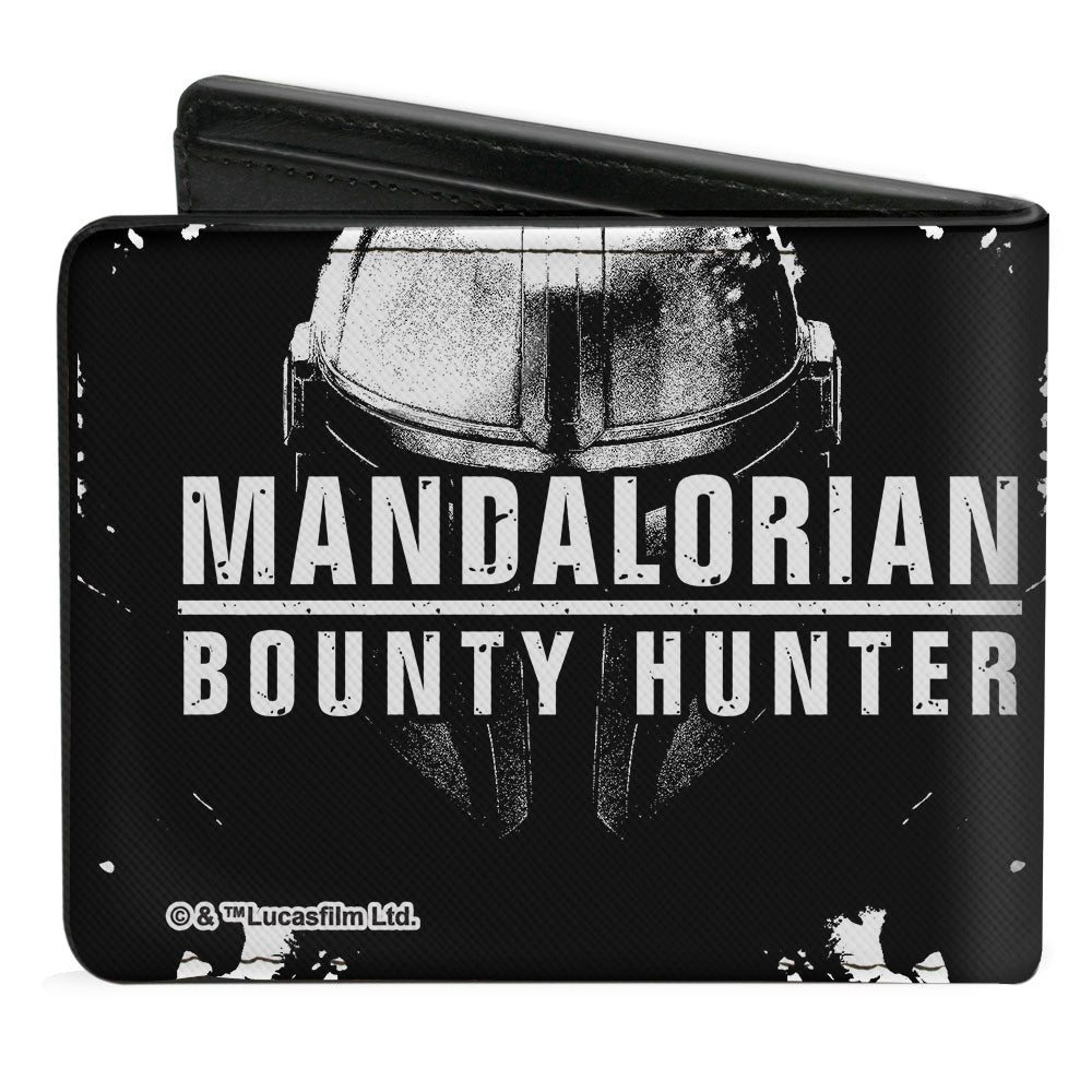 Bi-Fold Wallet - Star Wars The Mandalorian Helmet + MANDALORIAN BOUNTY HUNTER Logo Weathered Black White