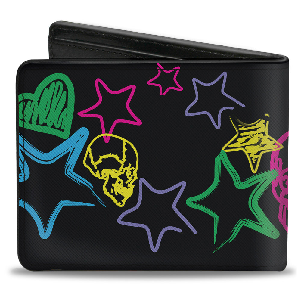 Bi-Fold Wallet - Sketch Skull Star Heart White Multi Color