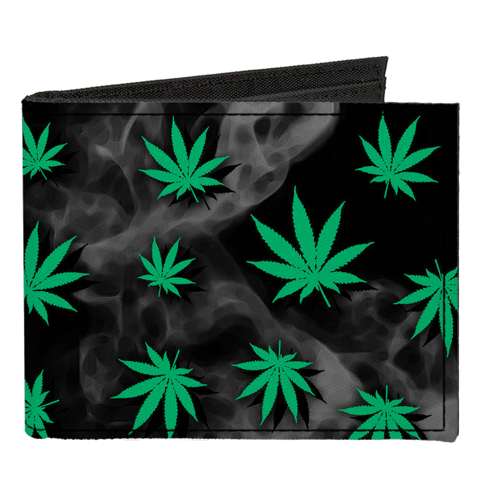 Canvas Bi-Fold Wallet - Pot Leaves Black Smoke Green