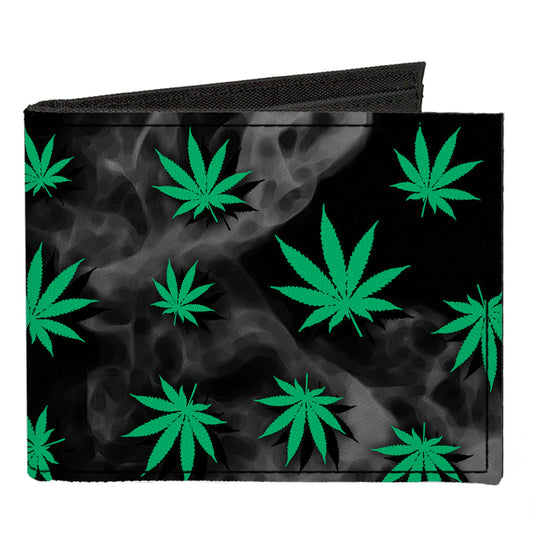 Canvas Bi-Fold Wallet - Pot Leaves Black Smoke Green