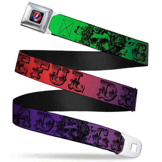 Steal Your Face Seatbelt Belt - Grateful Dead Text w/Skull & Roses Rainbow Fade Webbing