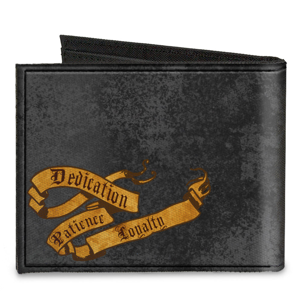 Canvas Bi-Fold Wallet - HUFFLEPUFF Badger Crest + DEDICATION PATIENCE LOYALTY Banner Grays Golds