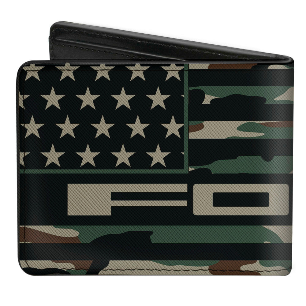 Bi-Fold Wallet - FORD Script Americana Flag Weathered Camo Olive Black Tan