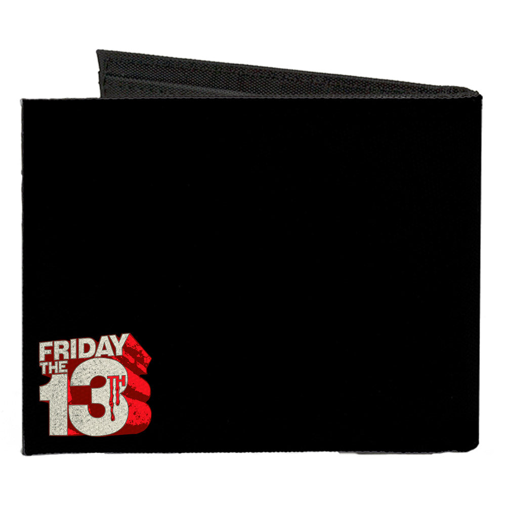 Canvas Bi-Fold Wallet - Jason Mask Quotes Collage + FRIDAY THE 13TH Logo Black Ivory Reds