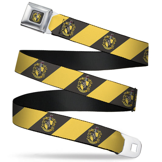 HUFFLEPUFF Crest Full Color Charcoal Gray Seatbelt Belt - HUFFLEPUFF Crest Diagonal Stripe Charcoal Gray/Yellow Webbing