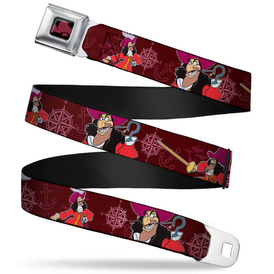 Peter Pan Skull Rock Full Color Black Burgundy Seatbelt Belt - Captain Hook Poses/Nautical Elements Burgundy Webbing